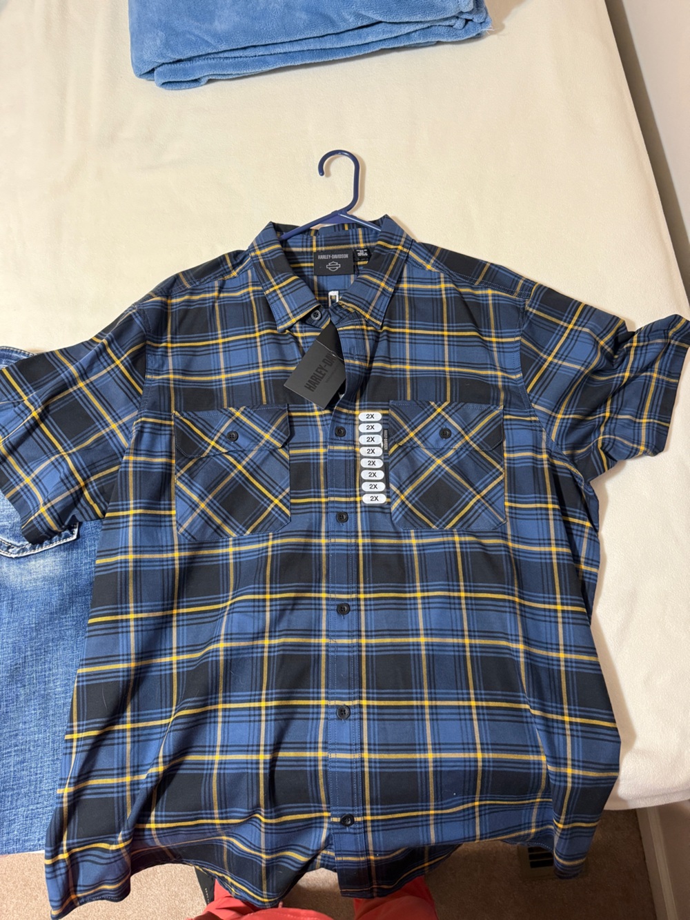 Harley-Davidson Blue, Black and Yellow Plaid Short Sleeve Button-Down Shirt